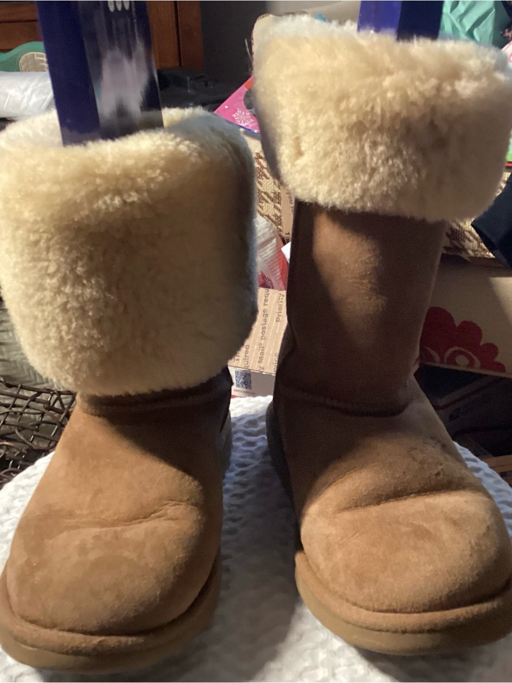 UGG Chestnut Suede Winter Boots with Cream Sheepskin Cuff